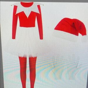 Hillban Elf Costume for women Red and White with Santa Hat, white gloves, Tutu